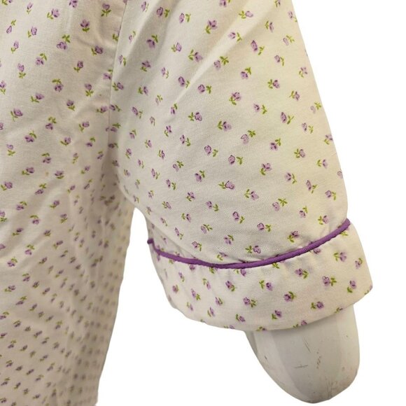 60s Damea Sleep Shirt White Purple Ditsy Floral Short Sleeve Button Up Womens 34 - Picture 7 of 10